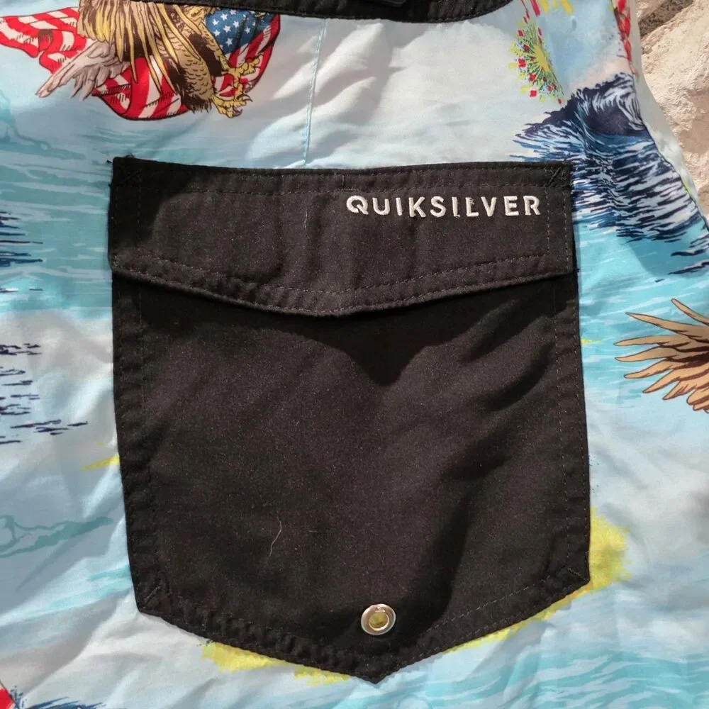 Quicksilver Swim Board Shorts Mens 34 American Flag July 4th USA Beer Eagle